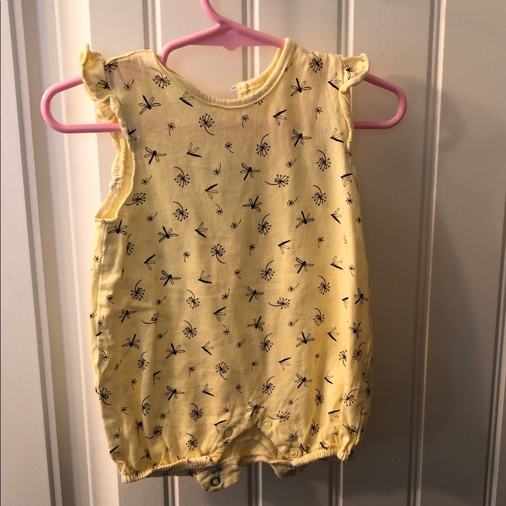Rae Dunn Yellow Floral Dragonfly Print Baby Romper